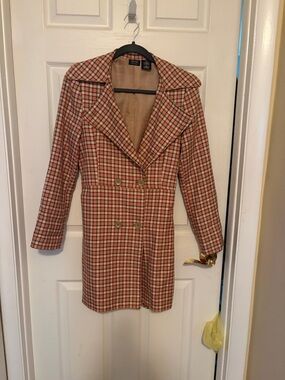 Nicole by Nicole Miller Red and Tan Plaid Double-Breasted Pea Coat